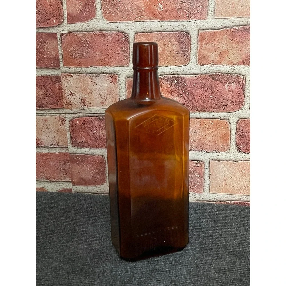 Antique Amber Glass Bottle Patented 1902 TS Monogram Embossed Apothecary Brown